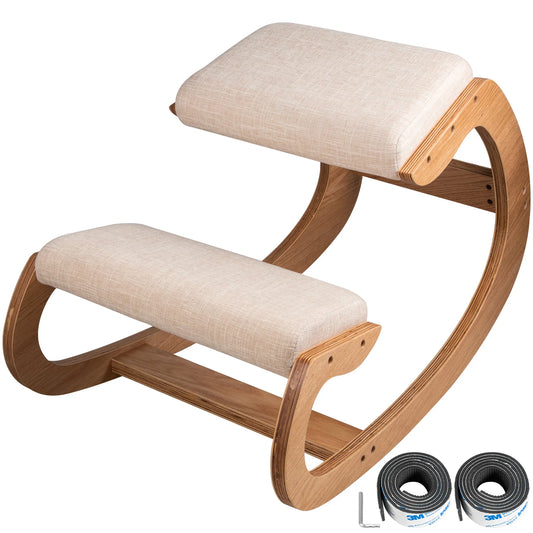 GB) Ergonomic Wooden Kneeling Chair | Rocking Posture Stool for Home & Office with Thick Cushion